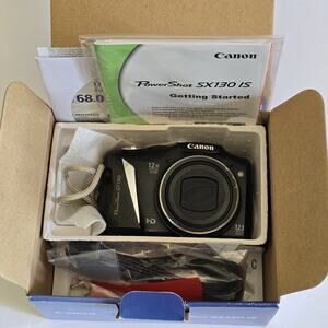 Canon PowerShot SX130 IS 12.1MP 12x Zoom Camera Box + Batterirs+ 16GB SD + Case